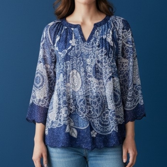 V Cristina Tops - V CRISTINA Floral Scalloped Split Neck Sheer Pintucked Blouse